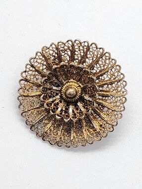 Vintage Portuguese 925 Sterling Silver Gold Vermeil Filigree Flower Brooch